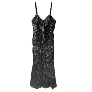Cinq a Sept Dress 8‎ Medium Margot Silk Black Yellow Floral Ruched Sleeveless